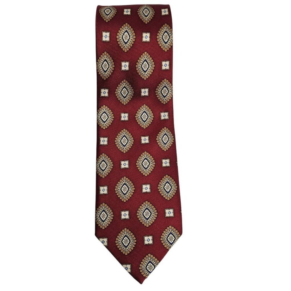 JOS. A. BANK 100% Silk Tie Necktie RED NAVY BLUE & GOLD Geometric 58" Classic
